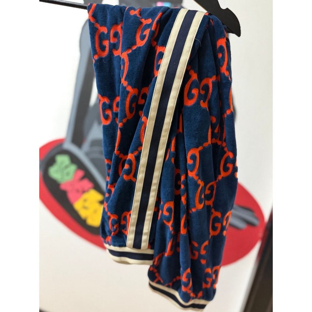 Gucci GG Velour Jogger Pants Size L Navy Orange Monogram Waffle Knit Sweatpants - Picture 6 of 15